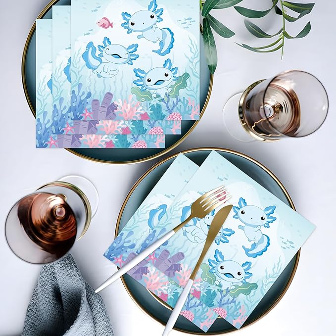 Axolotl Birthday Decorations, Disposable Paper Blue Axolotl Birthday Decorations Napkins Supplies Pack of 50, Cute Party Baby Shower Decor Size 6.5 Inch
