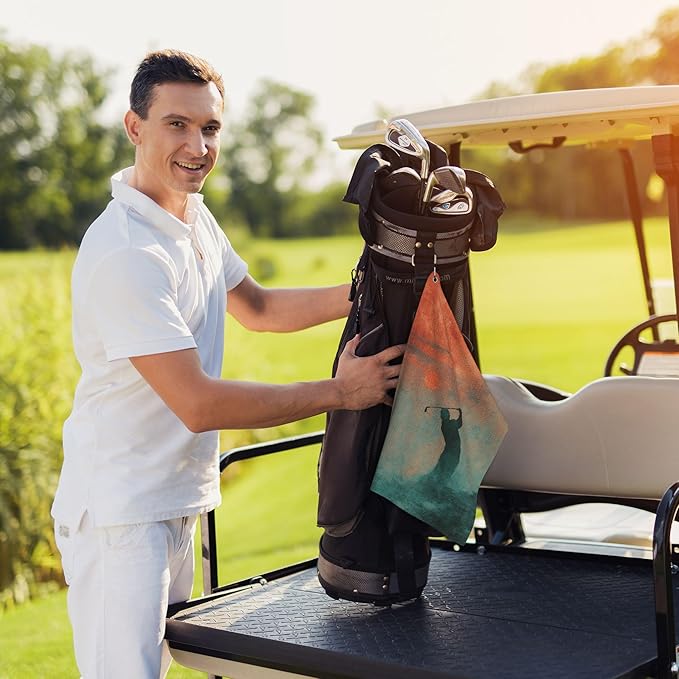 Funny Golf Towel with Carabiner Clip 24"x16" Orange Teal Cool Design Golf Towels for Golf Bags Microfiber Waffle Golf Rag for Disc Balls Clubs Golfs Accessories for Men Women Dad