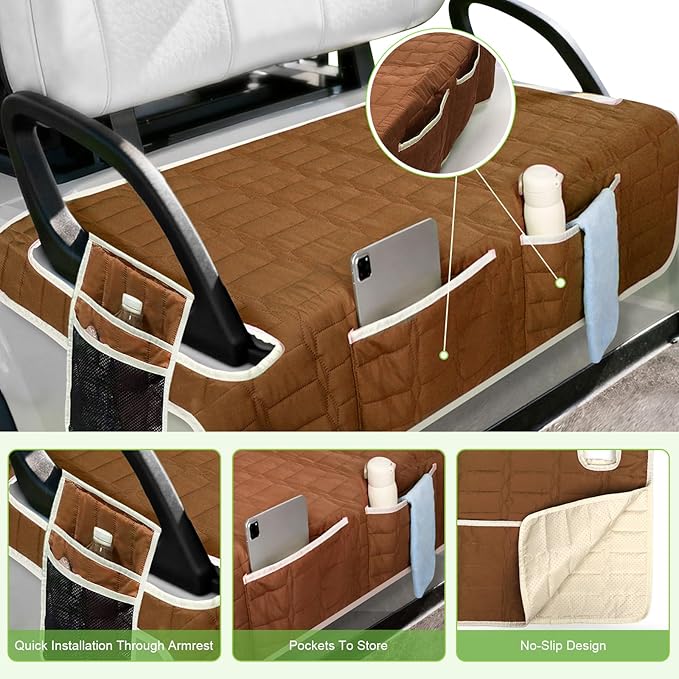 Golf Cart Seat Cover, Universal Bench Seat Cover with Storage Pockets, Non-Slip Seat Protector for Golf Cart, Fits EZGO Club Car Yamaha, Easy Install