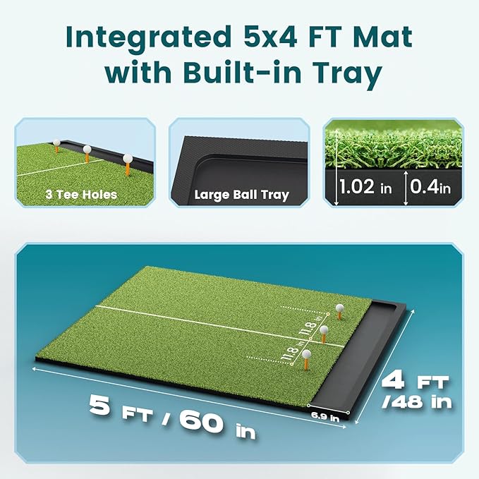 Golf Hitting Mat with Ball Tray, 5x4 / 6x4 ft, 26mm / 31mm Thick, Pro & Elite Turf with Swing Path Line, Premium Golf Practice Mat for Indoor & Outdoor Swing, Chipping, Training