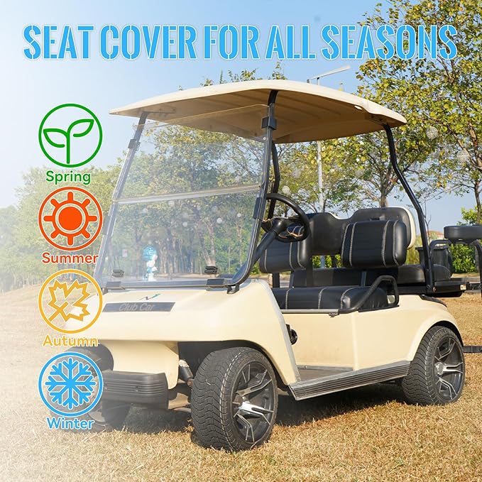 Golf Cart Seat Covers fits Club Car Precedent/DS/EZGO RXV/TXT/Yamaha Front Rear Seat Cushion，Black Leather Custom Stripe Soft Comfortable/Anti-Scratch/Easy to Clean