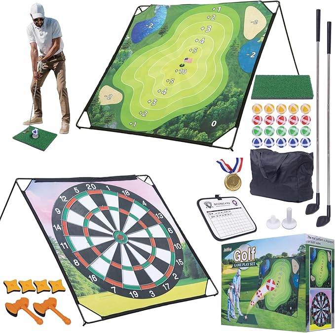 Golf Chipping Game with Hitting Mat, 70"x70" Double-Sided Mat with Classic Darts Game, Portable Outdoor/Indoor Practice Set for Adults, Comprehensive Accessories for Junior Golfer