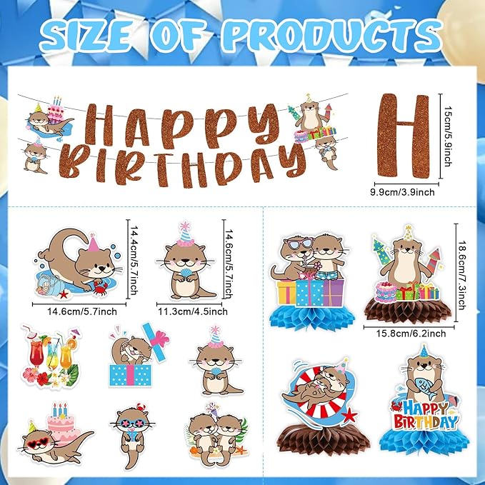 Otter Birthday Party Decorations - 12PCS Sea Otter Party Decorations Happy Birthday Banners Hanging Swirls Honeycomb Centerpieces Under the Sea Ocean Animal Themed Supplies Decor