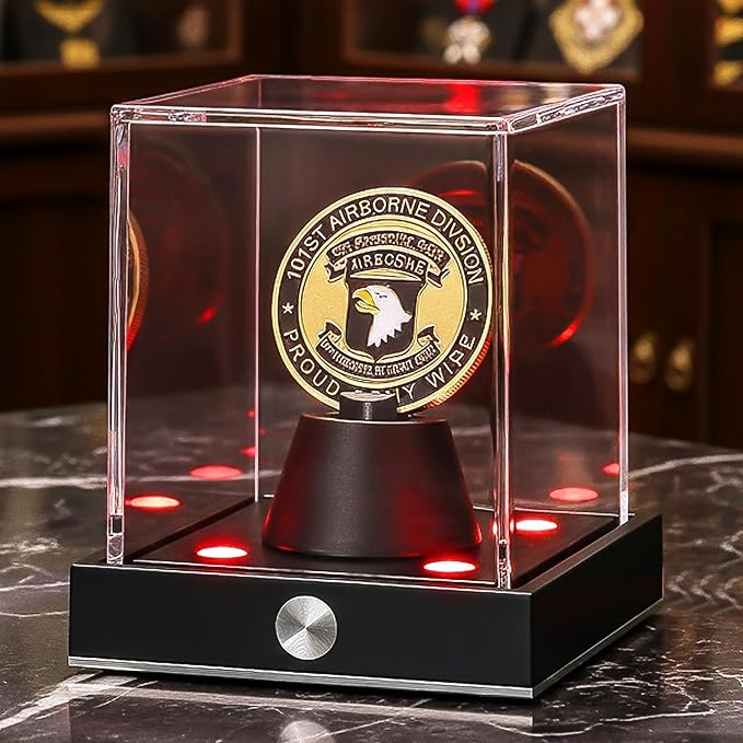 JupDec Cordless LED Challenge Coin Display Case, Clear Acrylic Single Silver Dollar Holder with 10 Color Light up, Autograph Coin Showcase with Memory Function, Ideal Gift for Sports Fans