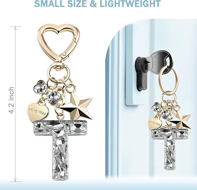Cute Bling Keychain initial Letter Butterfly Star Pink Purple Gift for Women Girls Bag Cup Charms Accessories