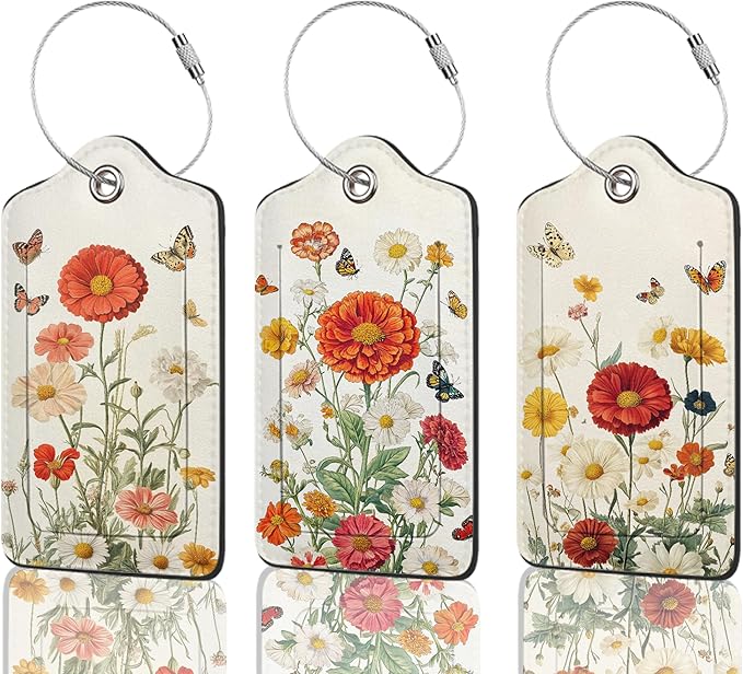 Set of 3 Luggage Tags, Vintage Flowers Butterflies Leather Suitcases Tag Identifiers with Privacy Name Address Labels & Durable Steel Loop for Women Men Travel