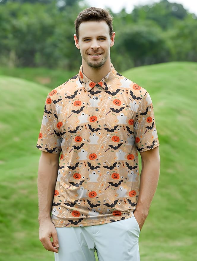 Esabel.C Golf Shirts for Men Dry Fit Performance Short Sleeve Print Moisture Wicking Collared Shirt