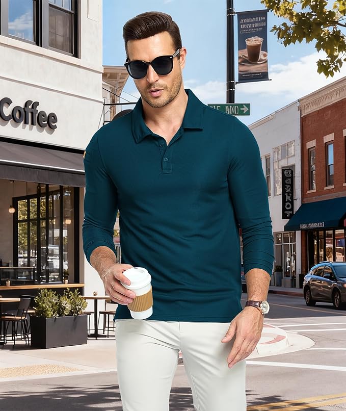 Men's Long Sleeve Polo Shirts 3 Button Down with Pocket Classic Golf Breathable Solid Color Designed Collared Casual Tee