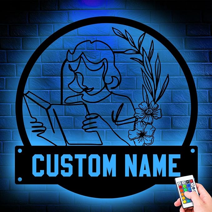 Custom Floral Women Reading a Book Metal Sign, Unique LED Home Decor Wall Art, Personalized Gift for Book Lovers, Elegant Hanging Decoration for Library, Living Room, or Bedroom