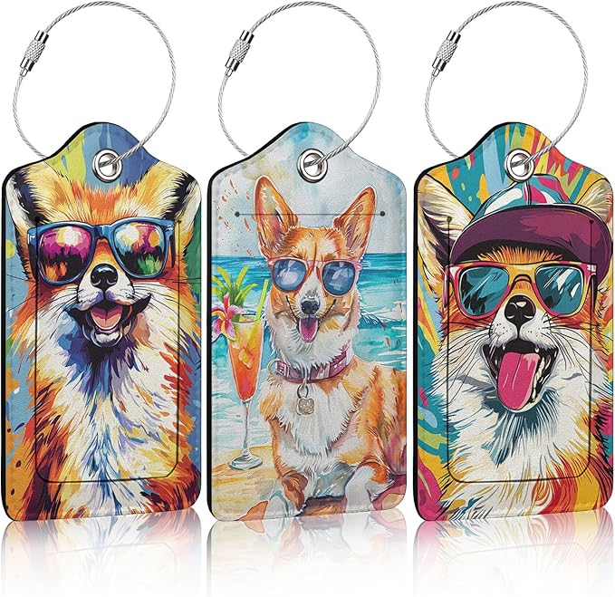 3 Pack Colorful Dog Sunglasses Luggage Tags for Suitcase Animal PU Leather Travel Luggage Tag Privacy Cover ID Label for Women Men Baggage Backpack Handbag School Bag