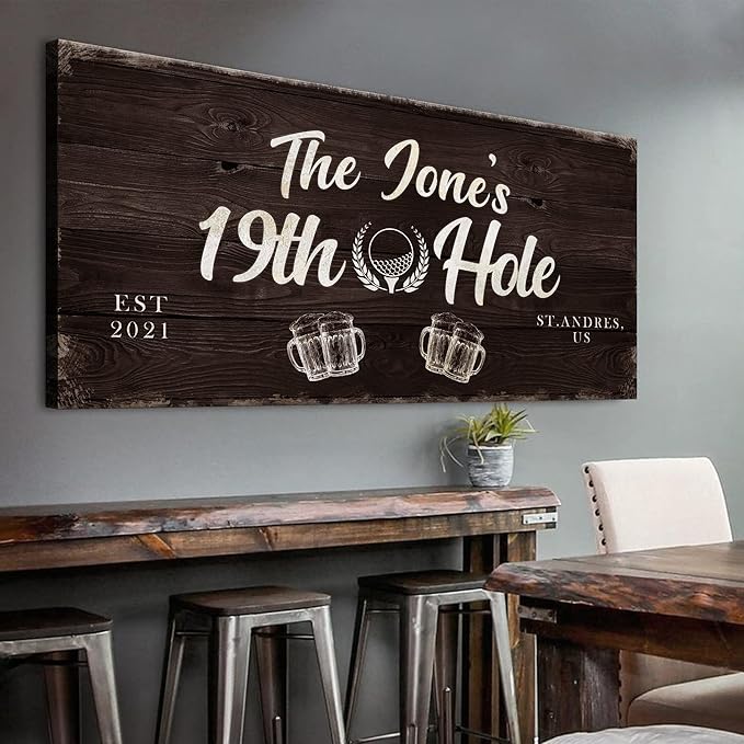 TAILORED CANVASES Golf Art Decor - Personalized Vintage Golf Wall Art Sign for Man Cave, Bedroom, Basement, Home Bar and Custom Gift for Husband, Dad, Wedding & Anniversary - 19th Hole Sign, 60"x30"