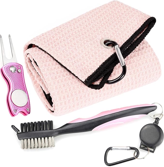 Mile High Life Microfiber Waffle Pattern Golf Towel | Club Groove Cleaner Brush | Foldable Divot Tool with Magnetic Ball Marker (Pink Towel/Brush/Fish Divot)
