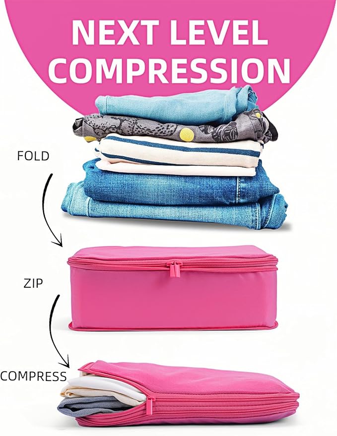 6 Set Compression Packing Cubes for Travel, Large Medium Small Luggage Organizers, Storage Bags for Clothes and Essentials (6 Pack, Rose Red)