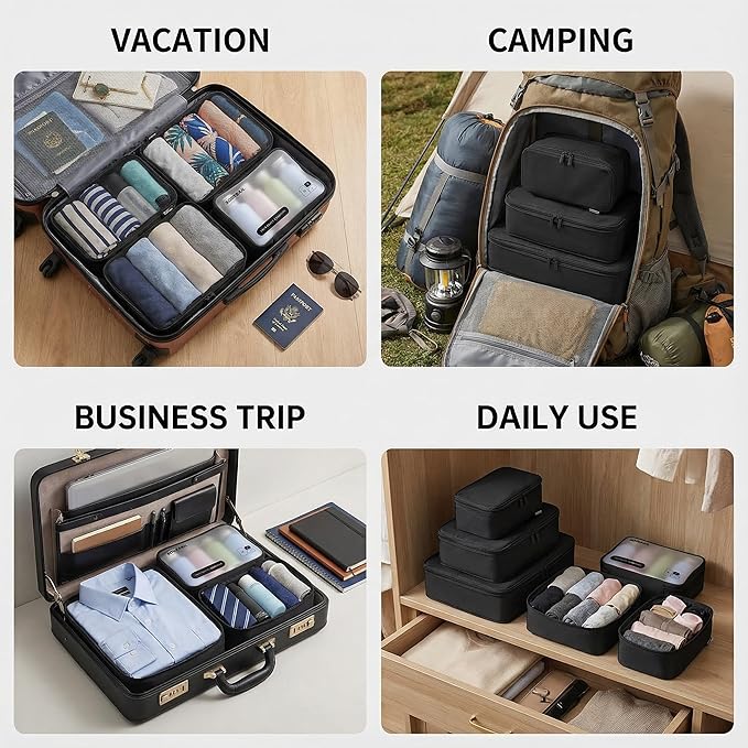 6 Set Compression Packing Cubes for Travel, Large Medium Small Luggage Organizers, Storage Bags for Clothes and Essentials (6 Pack, Jet Black)