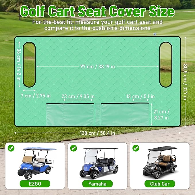 Kaskawise Golf Cart Seat Covers,Universal Golf Cart Seat Towel Blanket with 4 Front Pockets & Nonskid Bottom Fits for EZGO, Yamaha, Club Car DS Precedent and More 2 Person Seats Golf Carts (Green)
