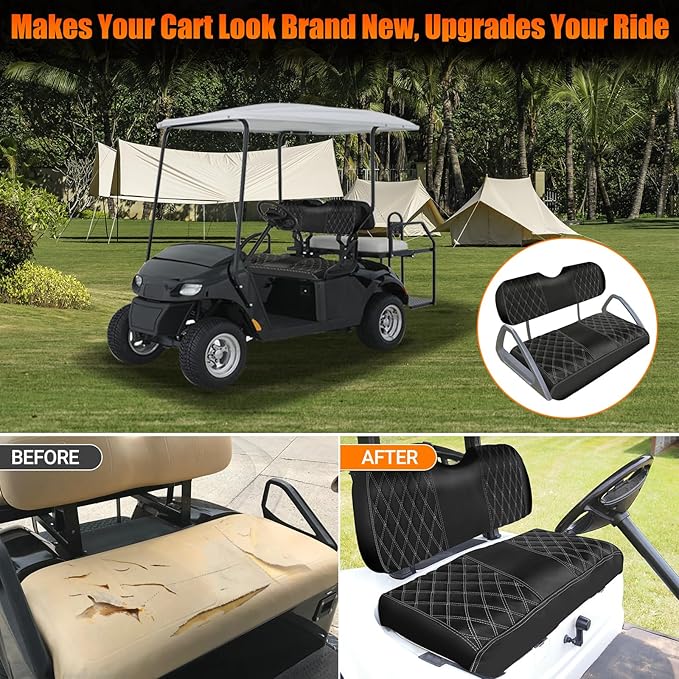 4PCS Waterproof Leather Golf Cart Seat Covers Compatible with EZGO TXT 1994-2013 Front & Aftermarket Rear Seat Kits | Beige Stitching | No Staple Installation