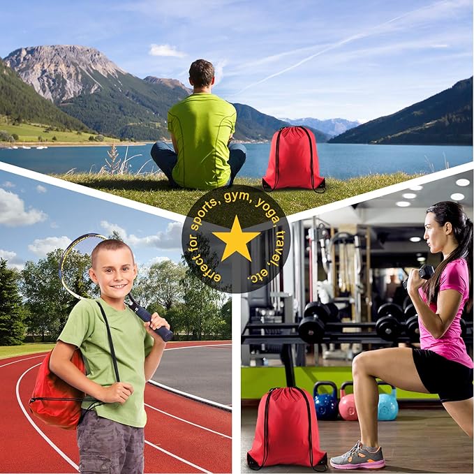 KUUQA 12 Pcs Drawstring Backpack Bags Sport Gym Sack Cinch Bags Bulk for School Traveling and Storage (Red)