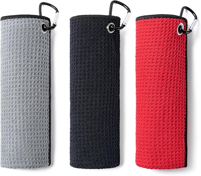 3 Pack Golf Towels(16" X 16") with Carabiner Clip,Microfiber Fabric Waffle Pattern Towels for Golf Bags,Tri-Fold Portable Towels for Men Women,Red/Black/Gray