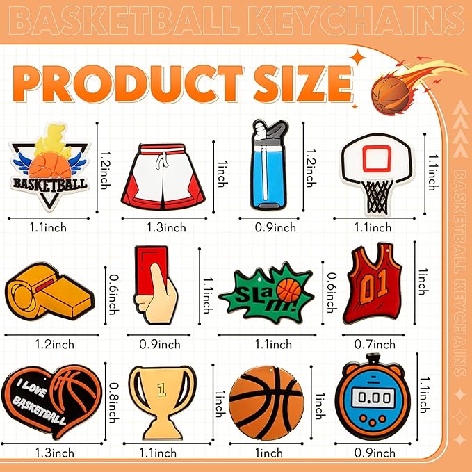 Batiyeer 36 Pack Basketball Keychains Bulk Party Favors Sports Ball Key Chains Funny Keyring Gifts for Women Men Birthday Supplies