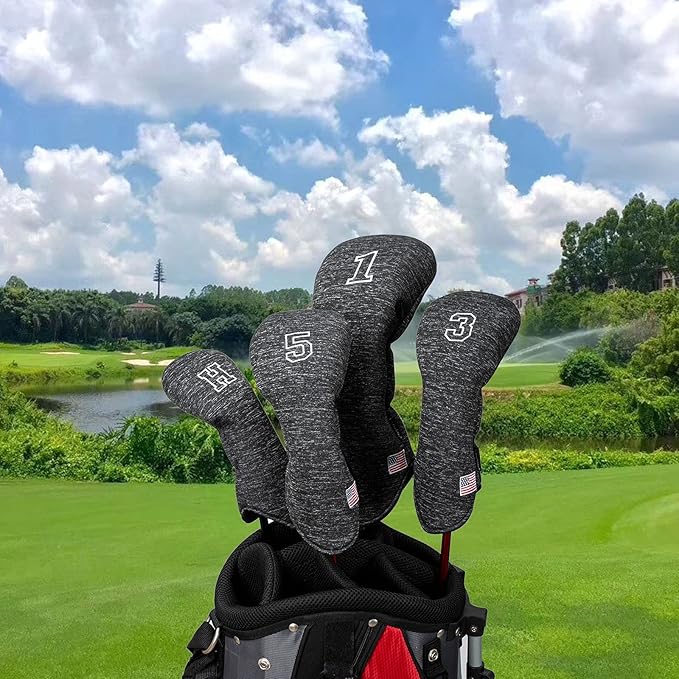 Golf Driver Head Covers 3-Pack for Men & Women - Premium PU Leather with Elephant Embroidery, Double Elastic Band (Driver/Fairway/Hybrid), Waterproof & Durable - White Grey or Black Grey
