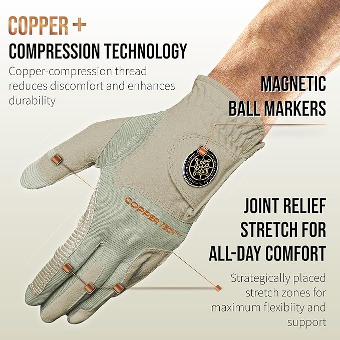 Copper Tech Golf Gloves Men Right Handed Golfer or Left Handed Golfer (2nd Gen) | Copper Compression Joint Support Golf Glove
