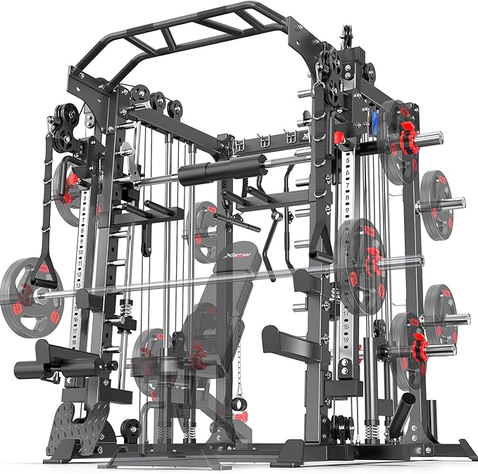 Smith Machine，Multi-Function Squat Rack Power Cage with Cable Crossover System,with Optional Weight Bench, Olympic Barbell Weight Set, for Home Gym