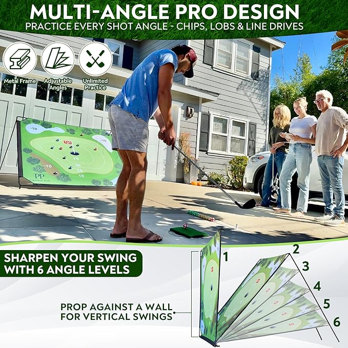Sticky Golf Chipping Game Set - 6x6 ft Metal Frame Option with Adjustable Clubs, 25 Sticky Balls, Turf Chipping Mat & Scoreboard - Backyard Golf Target Game for All Ages for Indoor/Outdoor Practice