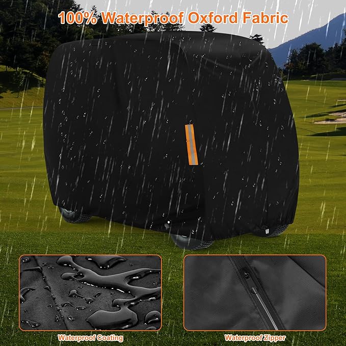 Golf Cart Cover 4 Passenger, 420D Heavy Duty Golf Cart Rain Cover with Waterproof Zipper and Reflective Strips, Universal Fits for 2+2/4 Seat Yamaha EZGO Honda Club Car