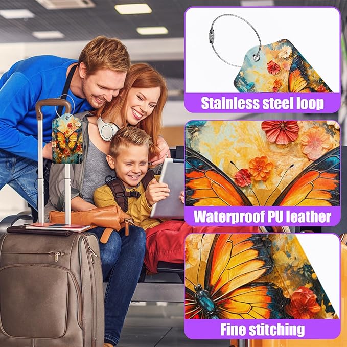 3 Pack Vintage Butterfly Flowers Luggage Tags for Suitcase PU Leather Travel Luggage Tag Privacy Cover ID Label for Women Men Baggage Backpack Handbag School Bag