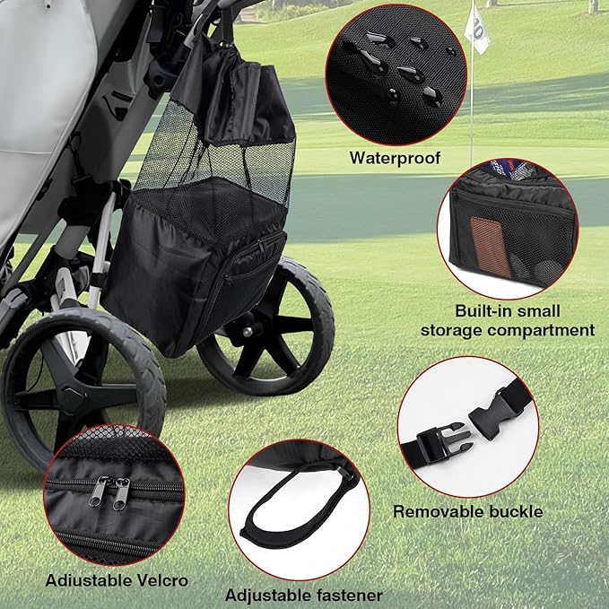 T TGBROS Universal Golf Cart Storage Organizer – Overhead Mesh Bag, Front Basket with Cup Holders & Push Cart Zippered Pouch Fits Club Car, EZGO, Yamaha, Kandi, Push Carts Large Capacity