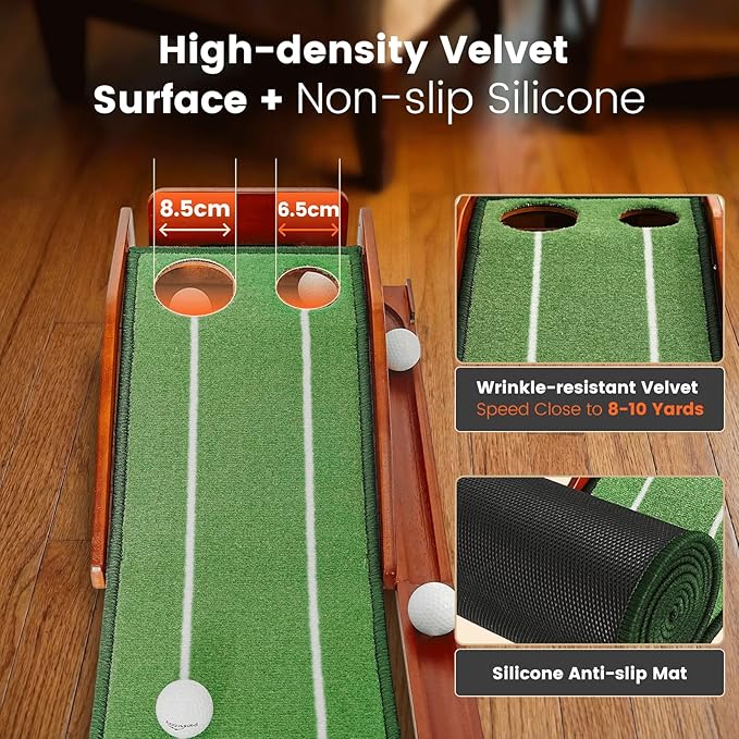 Putting Green Indoor with Three-Level Adjustable Incline, Auto Ball Return - Easy to Fold Solid Wood Base, Golf Training Aid for Home, Office, Backyard - Golf Putting Mat for Men