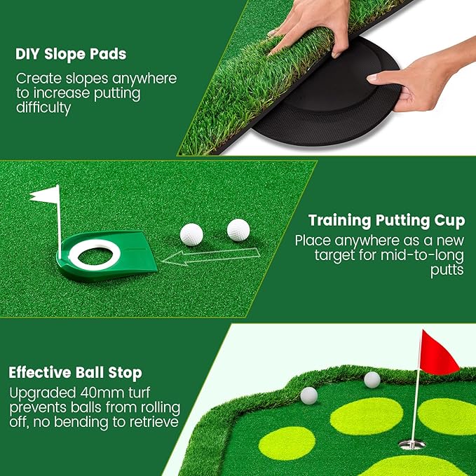 Golf Putting Green Indoor Outdoor Putting matt Professional Training Mat Practice Putting Mat with 3 Flags 1 Movable Cup 2 Slope Pad 5x10ft