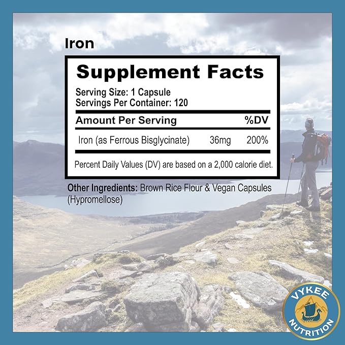 Vykee Nutrition Iron Supplement – 36mg Iron (as Bisglycinate) | High Absorption, Gentle On Stomachs | Vegan, Non-GMO | Supports Energy, Immune Health & Red Blood Cell Formation | 120 Capsules
