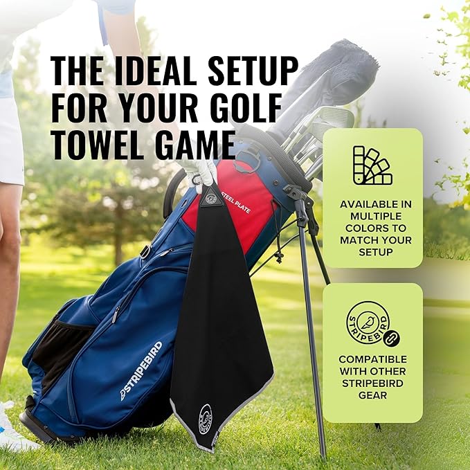 Stripebird - Magnetic Golf Towel (Black) - Microfiber Golf Towel with Built-in Ultra-Strong Neodymium Magnetic Towel - 18" x 18" Golf Bag Towel