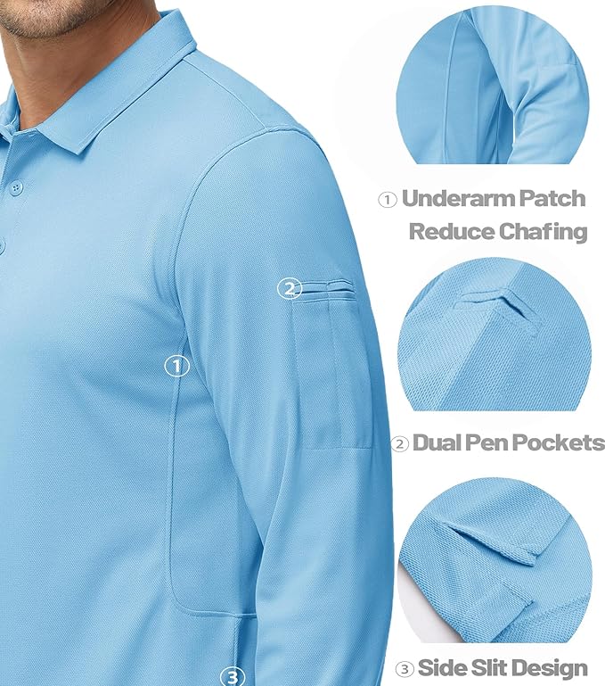 MAGCOMSEN Men's Polo Shirts 3 Button Quick Dry Performance Long Sleeve Tactical Shirts Pique Jersey Golf Shirt