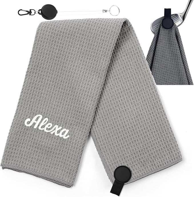 Personalized Golf Towel Custom Golf Towels for Golf Bags with Embroidery Initial Name Magnetic Golf Towel Microfiber Golf Towels with Clip Gifts for Golfers Men Women 16"x 24" (Gray)