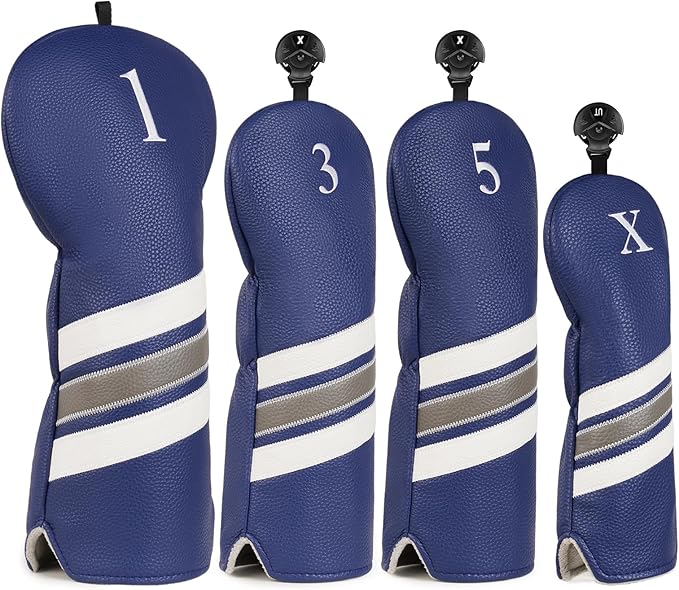 Golf Club Covers, 4pcs or 1pc Golf Head Covers for Woods, Driver, Fairway, Hybrid - Premium PU Leather Golf Club Head Cover with Interchangeable Tags