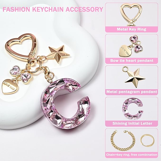 Cute Bling Keychain initial Letter Butterfly Star Pink Purple Gift for Women Girls Bag Cup Charms Accessories