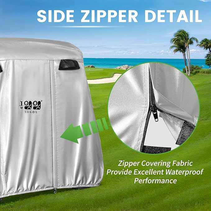 10L0L Golf Cart Cover 2/4/4+2 Passenger for Yamaha EZGO Club Car, Heavy Duty 420D Waterproof Windproof Durable Polyester Golf Cart Cover with 3 Zipper Doors for All-Weather Protection (Black/Silver)