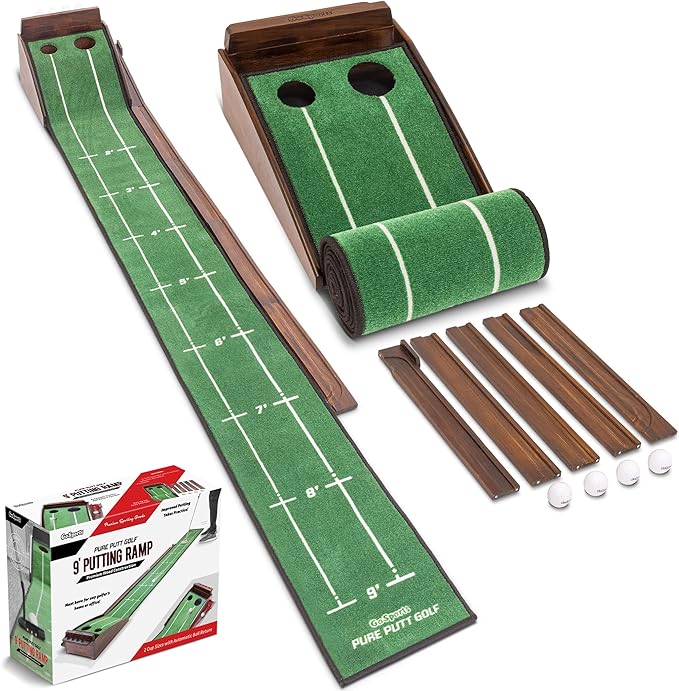 GoSports Pure Putt Golf 9 ft Putting Green Ramp - Black or Brown - Premium Wood Training Aid for Home & Office Putting Practice - Includes 4 Golf Balls