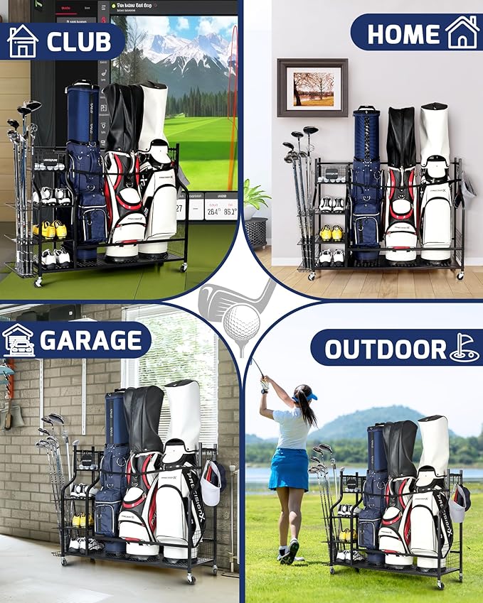 Golf Bag Storage Organizer Rack for Garage, Golf Bag Stand with Rolling Wheels, Heavy-Duty Metal Golf Equipment Organizer for Home, Garage, Clubhouse