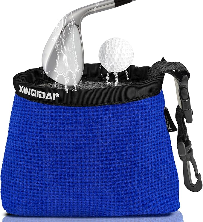 Golf Club and Golf Ball Cleaning Bag - Cleans Club Grooves, Waterproof Clean Face Tech, Detachable Clip, Machine Washable, Stay-Dry Exterior,Golfer Gifts for Men (1, BLUE)