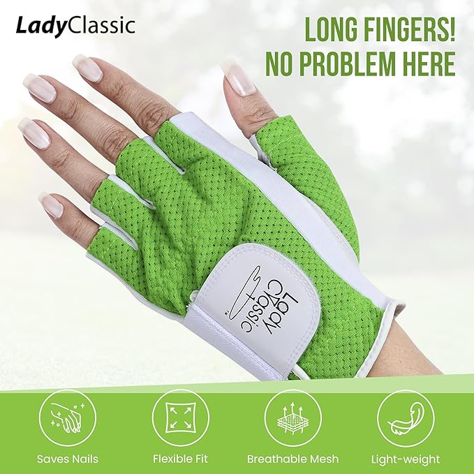 Mesh Half Golf Glove for Women – Premium Cabretta Leather Palm, Breathable Mesh Back, Half-Finger Design Ladies Golf Glove for Enhanced Grip & Comfort