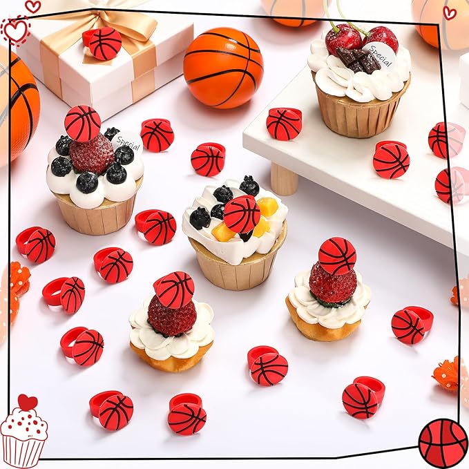 Honeydak 48 Pcs Basketball Cupcake Rings Toppers Decoration Sport Ball Theme Cupcake Picks Baseball Softball Basketball Volleyball Cake Decoration for Sport Baby Shower Birthday Party Cake Supplies