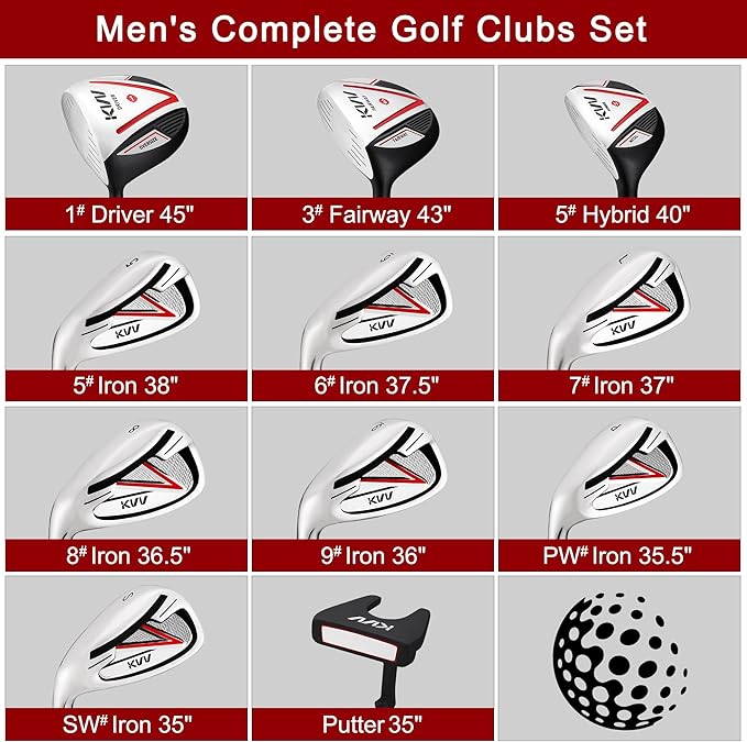 KVV Men's Golf Clubs Package Set, 11-Club Complete Set with/Without Stand Bag/7-Piece Irons (5~P#), Right Handed/Left Handed