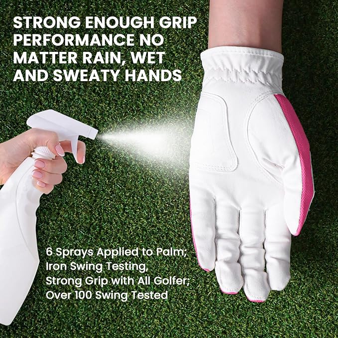 Golf Gloves Women Left Right Handed Golfer Rain Grip Hot Wet All Weather 2 Pack or 1 Pair, Womens Golf Glove Breathable Flexible Mesh for Ladies in Pink White