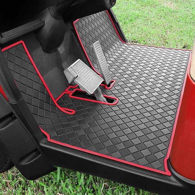 Golf Cart Floor Liner Mat 8mm Thick Rubber Full Coverage Only Fit for 2007-2016 Yamaha Drive (Gen1), G29, YDR, Adventurer Carts Diamond Deluxe Non-Slip Front Feet Mats Replacement - Red Trim