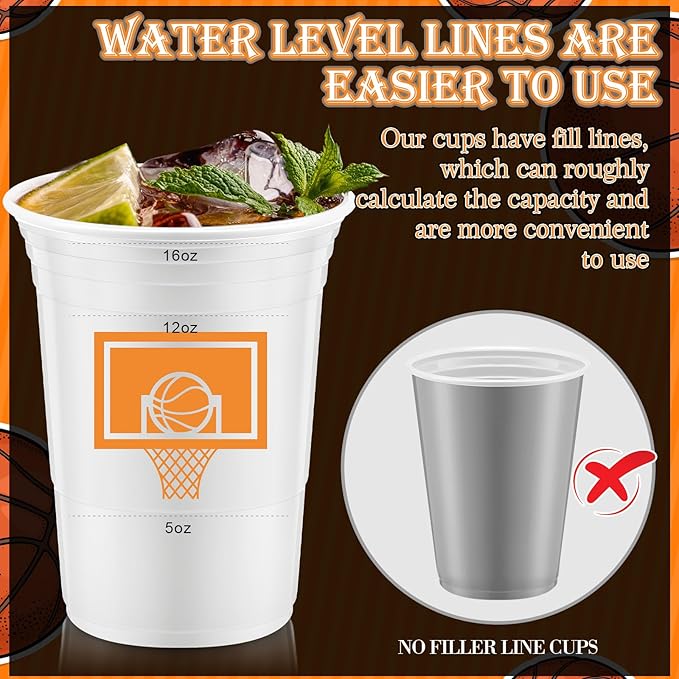 Norme 48 Pcs Basketball Party Supplies - 16 oz Thick Plastic Disposable Cup for Hot/Cold Drinks, Wine, Coffee - Themed Holiday Party Supplies & Favors