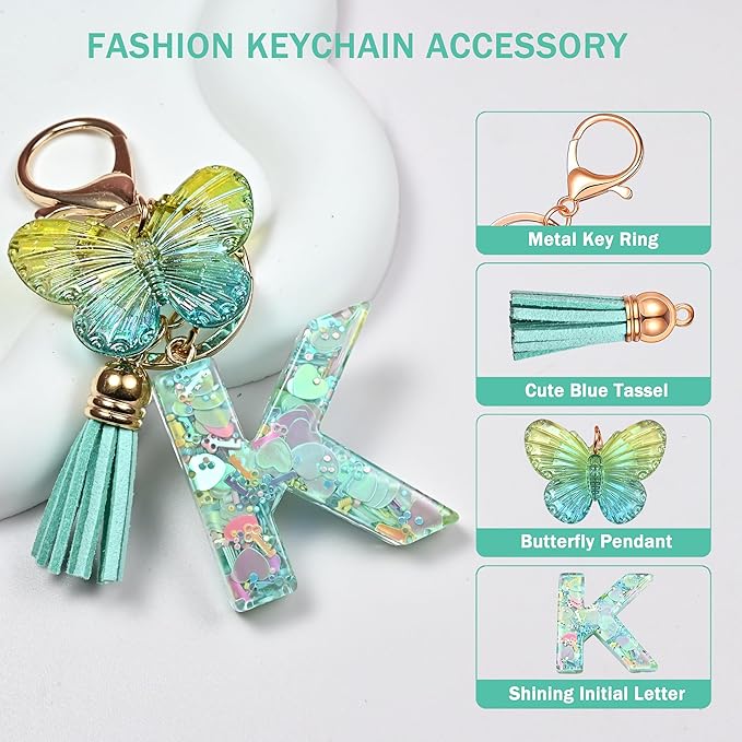 JINGUAZI Initial letter Keychains for Women Tassel Butterfly Pink Purple Cute Car Keychain for Wallet Backpack bag charm