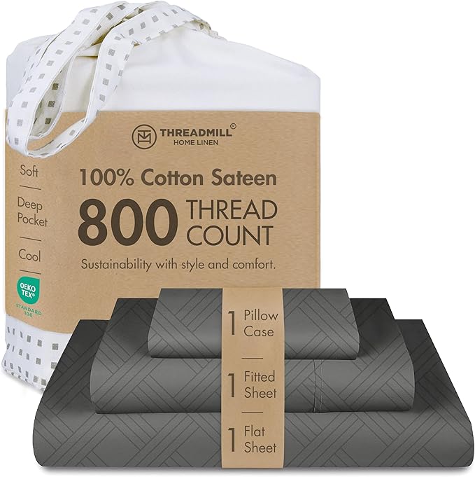 Threadmill Twin Bed-Sheets - 800 Thread Count Jacquard Celine Dark Grey, 100% Natural Cotton 3 Piece Striped Bed Set, Extra Long Staple Cotton, Comfy Damask Sheets with Elasticized Deep Pocket